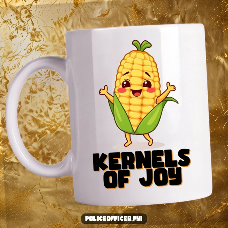 Funny corn cob character doing a silly little dance on a mug, radiating joy and goofy energy.