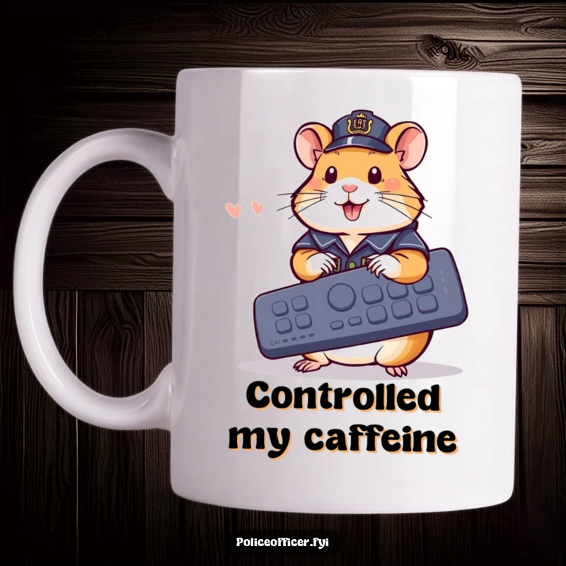 Funny Mug: Cheerful hamster in police outfit pressing buttons on a giant remote, a humorous funny gift.