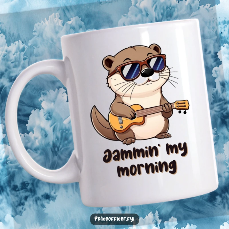 Funny otter mug wearing shades and a confident smirk, playing a miniature instrument, radiating cool musical vibes.