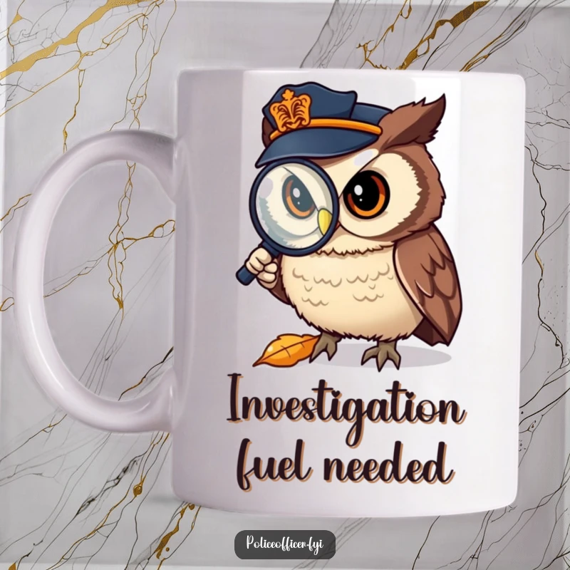 Funny Mug: Little owl police officer intently examining a fallen leaf with a magnifying glass, a hilarious crime scene.
