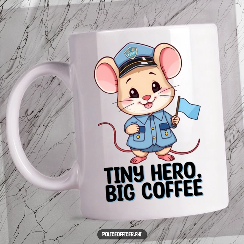 Funny smiling mouse police officer mug, proudly holding a small flag in its paw, determined and cute.