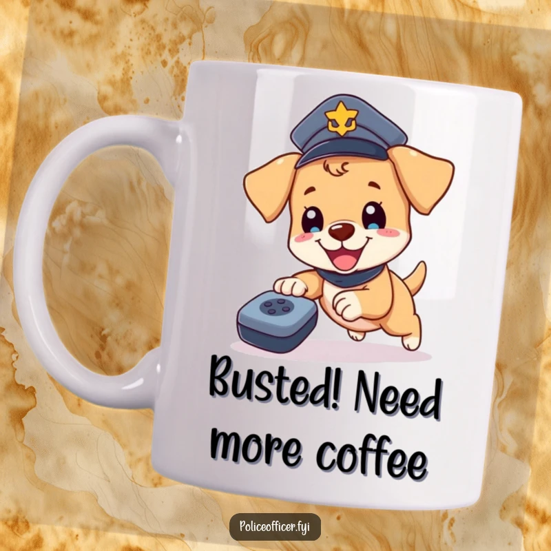 Funny Puppy Cop Mug: Happy puppy wearing police hat, enthusiastically chasing a rolling remote control, capturing playful energy.