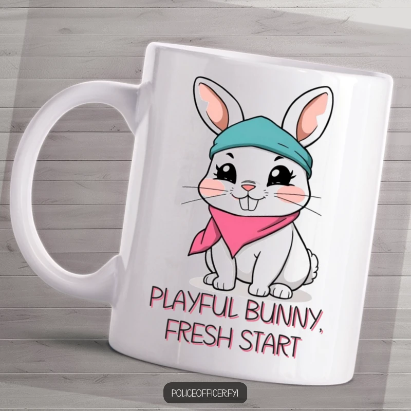 Funny Rabbit Mug featuring a playful rabbit in a ripped bandana with a mischievous grin, ready to brighten your morning coffee.