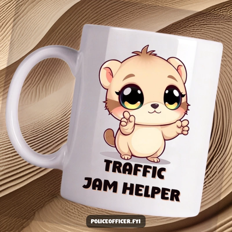 Funny mug showing a small creature with big eyes directing traffic with tiny paw gestures, embodying playful control.