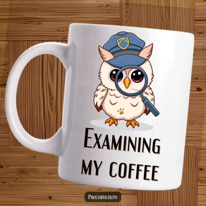 Funny Mug featuring a wise owl in a police cap, peering through a magnifying glass at a tiny footprint, solving a mystery.