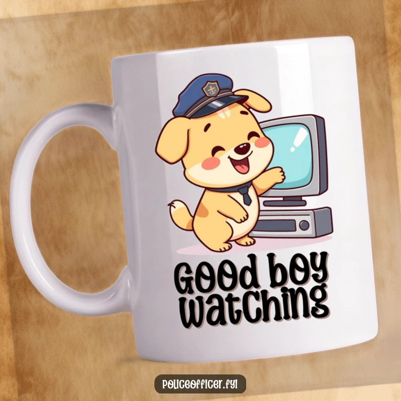 Funny Mug: Happy dog in a police hat wags tail, points at TV, a humorous and funny gift.