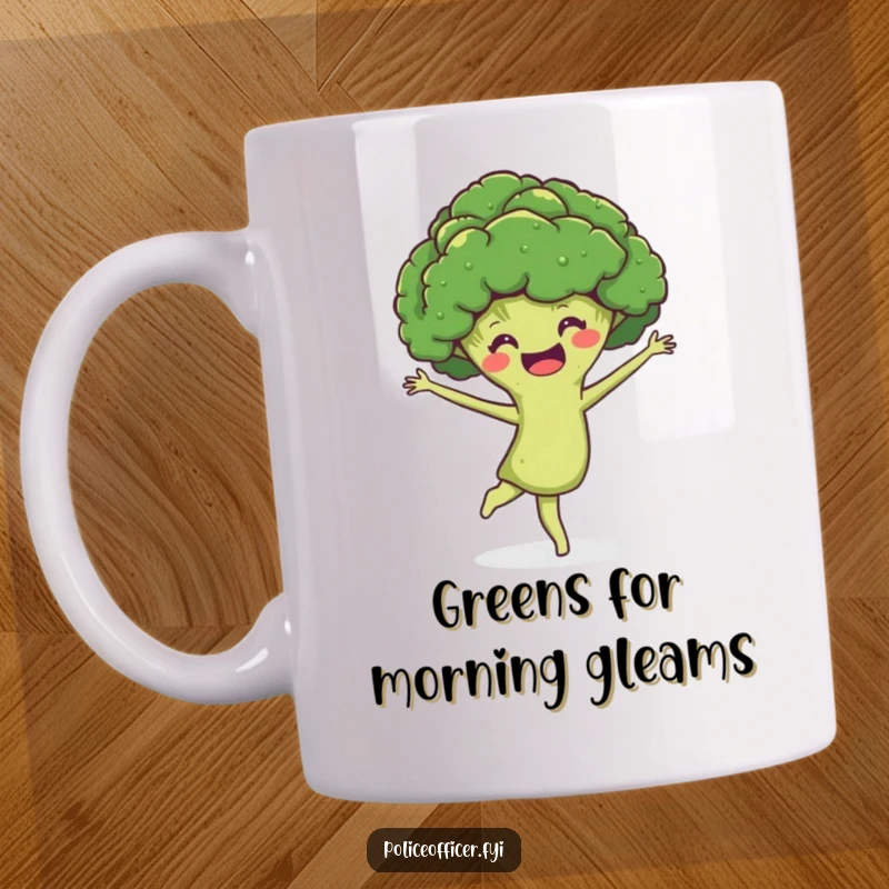 Funny Mug: A smiling broccoli head performing a graceful and joyful pirouette with a happy expression.