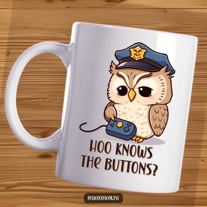 Funny Owl Detective Mug: Wise owl wearing a police cap, looking intently at a remote control, representing curiosity and intellect.