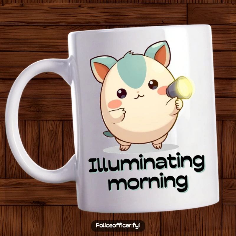 Funny mug showing a small, round creature with alert ears pointing a tiny flashlight, embodying curiosity.
