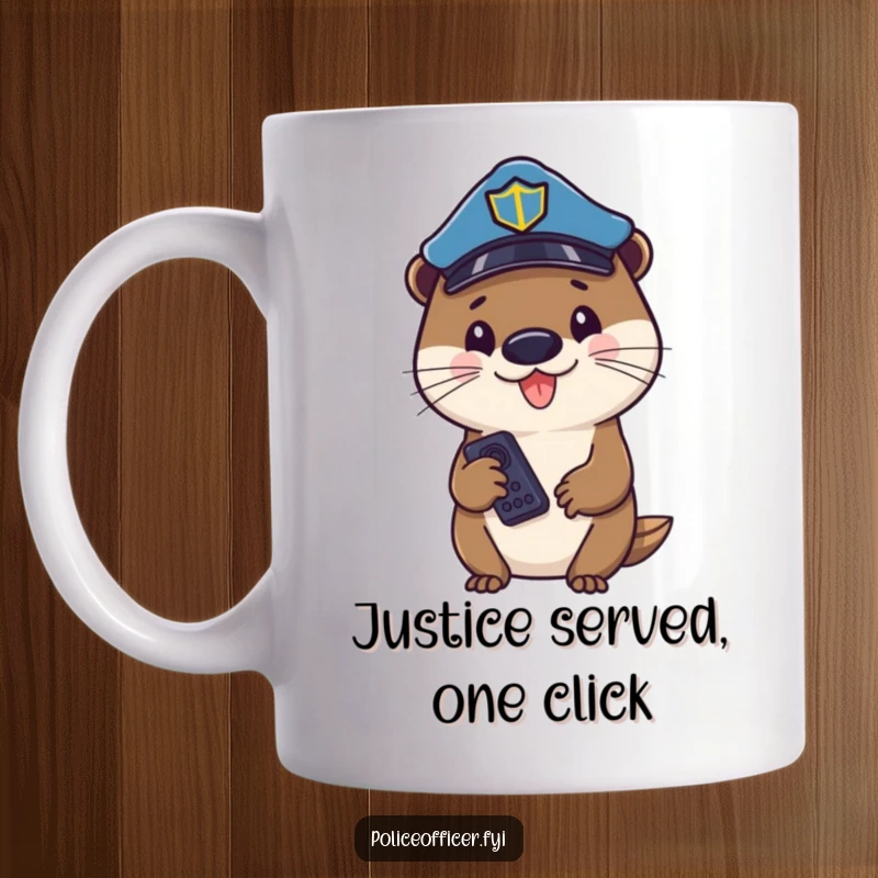 Funny otter cop wearing a hat, holding a remote control with a cheerful expression, ready for some TV time.