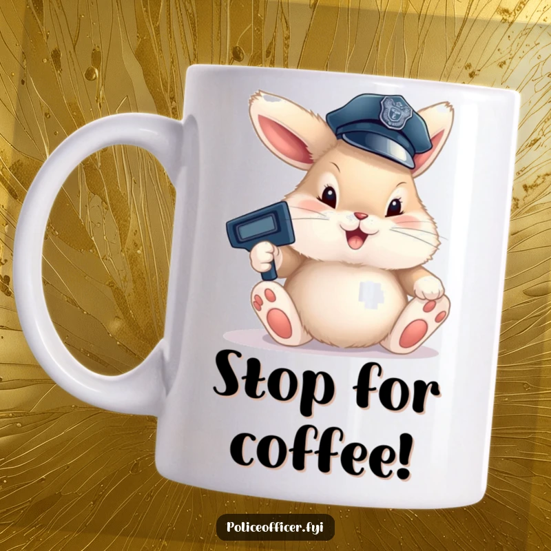 Funny Bunny Cop Mug showing a fluffy bunny in a tiny police hat happily directing traffic with oversized paws, radiating pure joy.