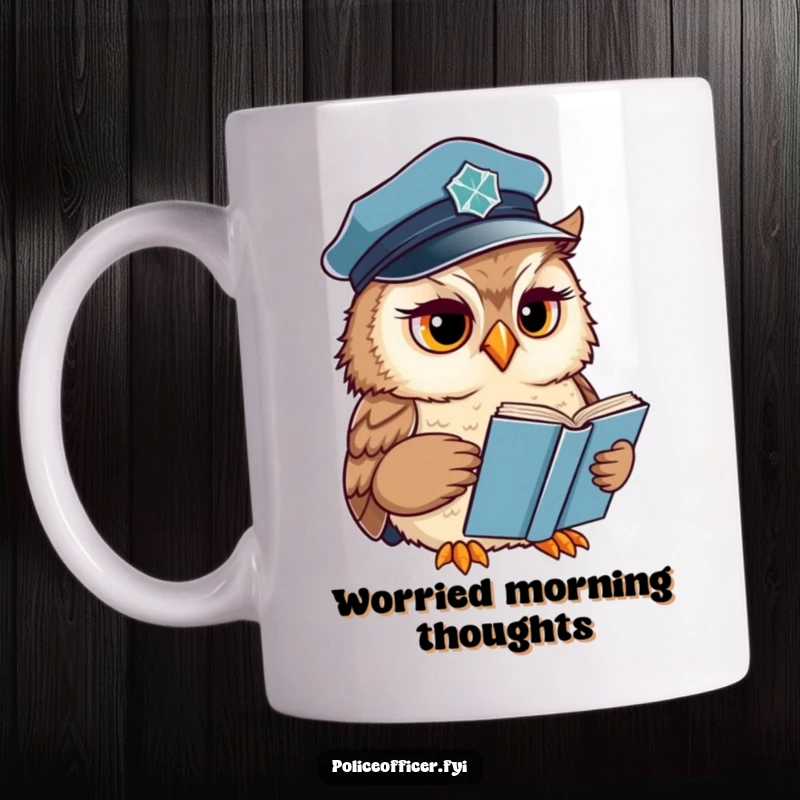 Funny Owl Mug showing a wise officer reading a book with a concerned expression, perfect for a thoughtful coffee break.