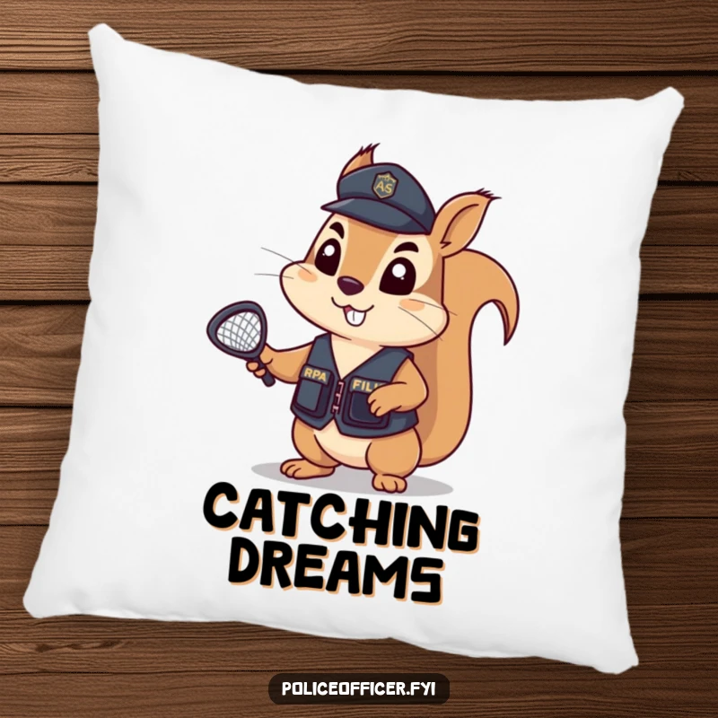 Funny Pillow featuring a determined squirrel in a tiny police vest, holding a tiny net aloft, ready to catch any bad dreams.