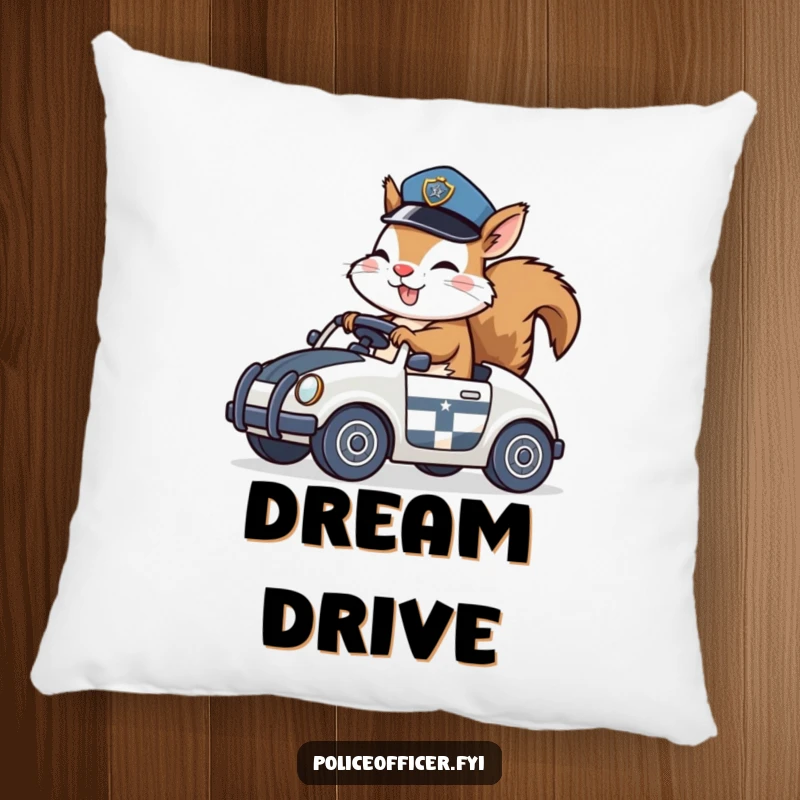 Funny Pillow featuring a giggling squirrel in a police hat riding a toy police car, offering comfort and playful humor.