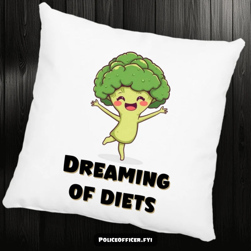 Funny Pillow: A smiling broccoli head performing a joyful pirouette, offering hilarious comfort and a delightful, energetic addition to any room.