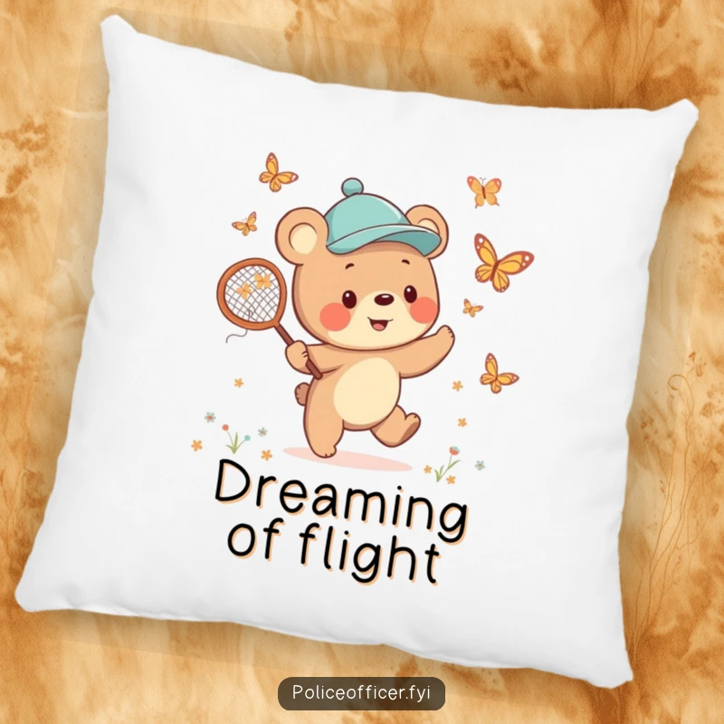 Funny Bear Cub Pillow adorned with a cheerful cub in a jaunty cap, happily chasing butterflies with a net, offering soft and humorous decor.