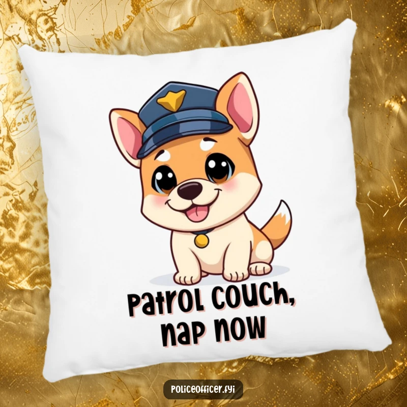 Funny bouncy dog police officer pillow, tail wagging vigorously, wearing a police cap, soft and humorous.