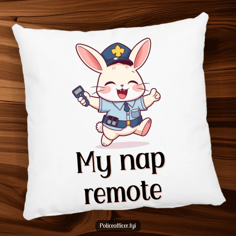 Funny Pillow: Mischievous bunny in police uniform jumps with joy holding remote, a soft funny gift.