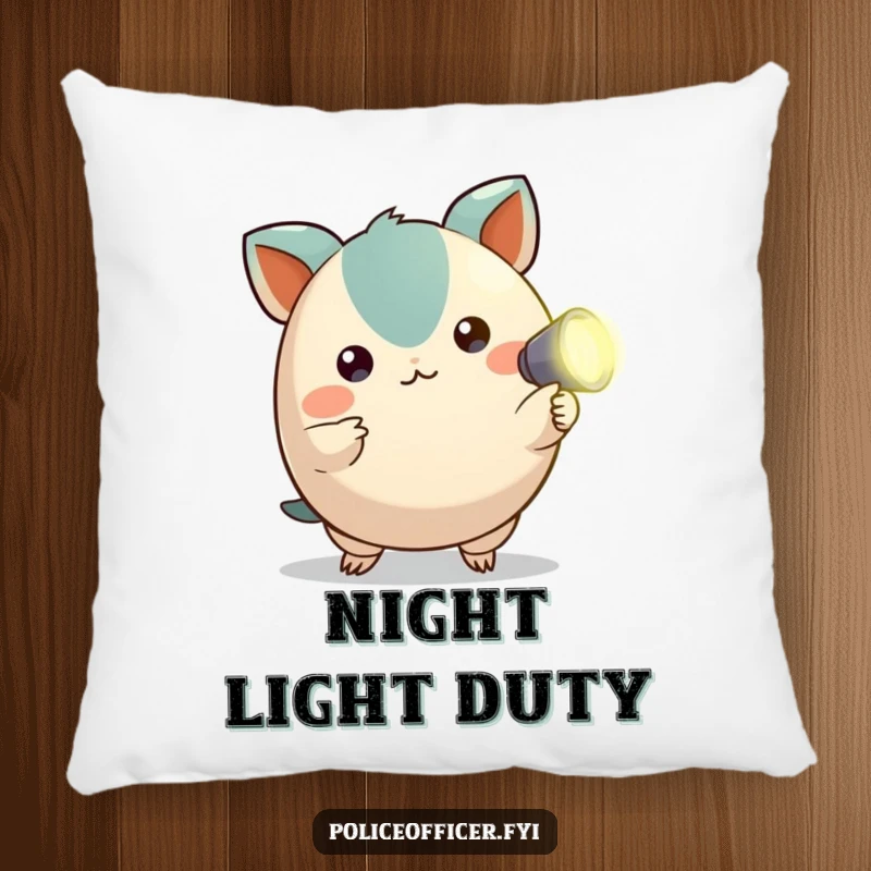 Funny pillow featuring a round creature with alert ears holding a tiny flashlight, offering comfort and a sense of adventure.