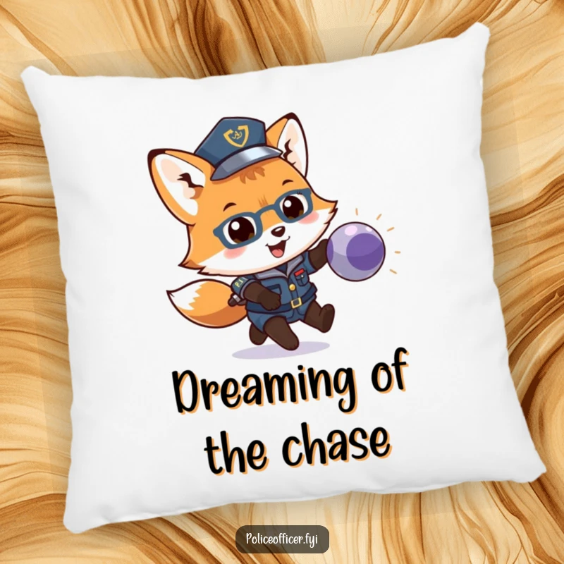 Funny decorative pillow featuring a playful fox cub police officer chasing a ball. Soft, plush, and humorous home decor.