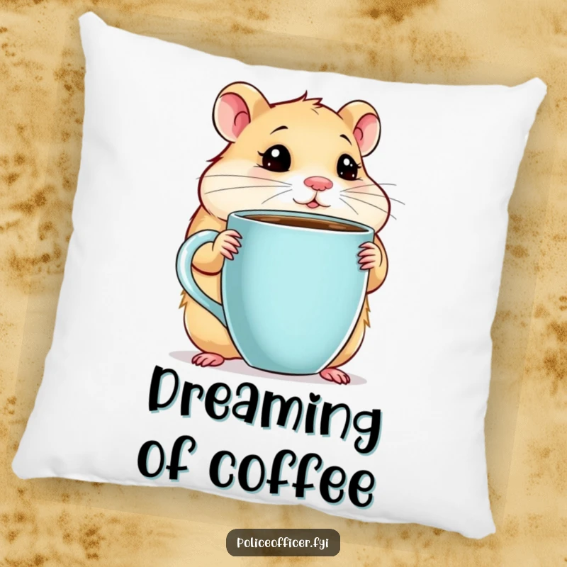 Funny Hamster Pillow depicting a chubby hamster with a giant coffee cup, looking thoughtful, offering humorous comfort, a great funny gift.