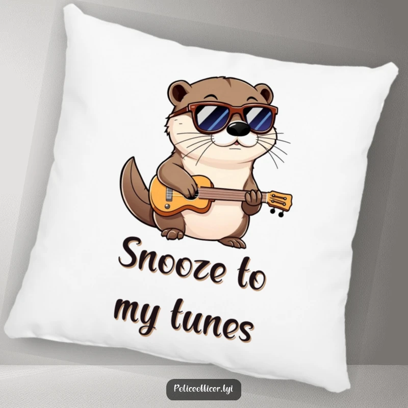 Funny pillow depicting a cool otter wearing shades and a confident smirk, playing a miniature instrument for comfort and humor.