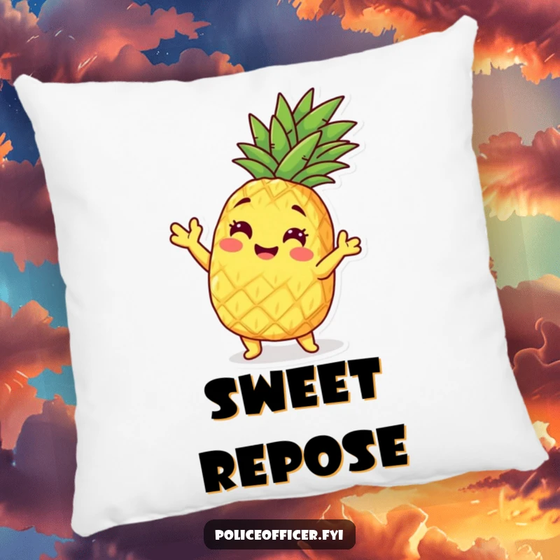 Funny pineapple character striking a playful pose on a soft, decorative pillow.