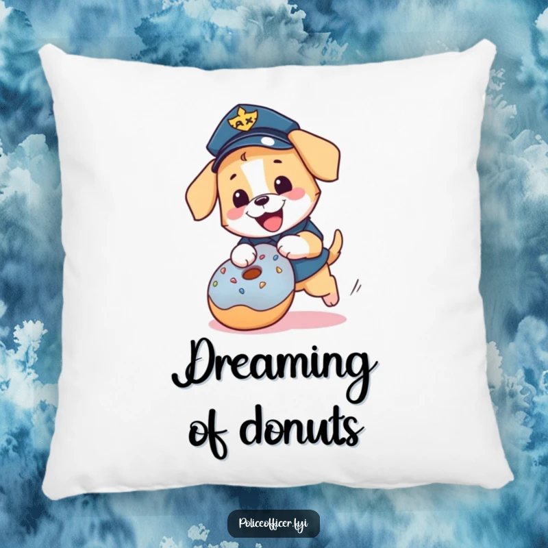 Funny puppy police officer pillow: a plush pillow with a happy, uniformed dog chasing a donut.