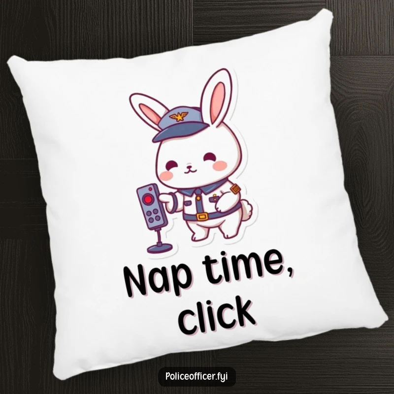 Playful rabbit in a uniform pressing a remote button, on a plush and cozy funny pillow.