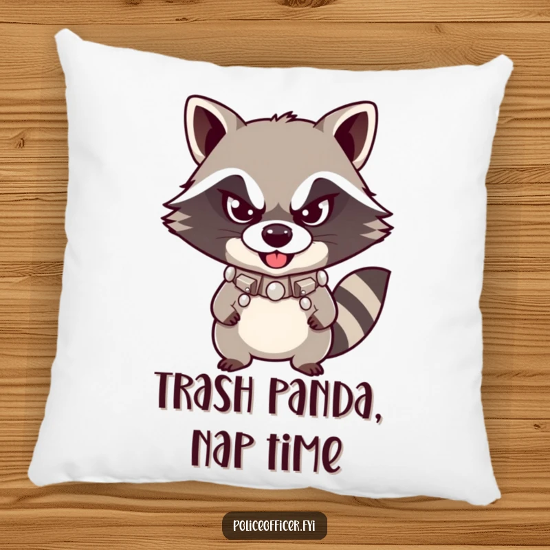 Funny Raccoon Pillow featuring a mischievous raccoon with a studded collar and a defiant smirk, offering comfort and a humorous decorative touch.