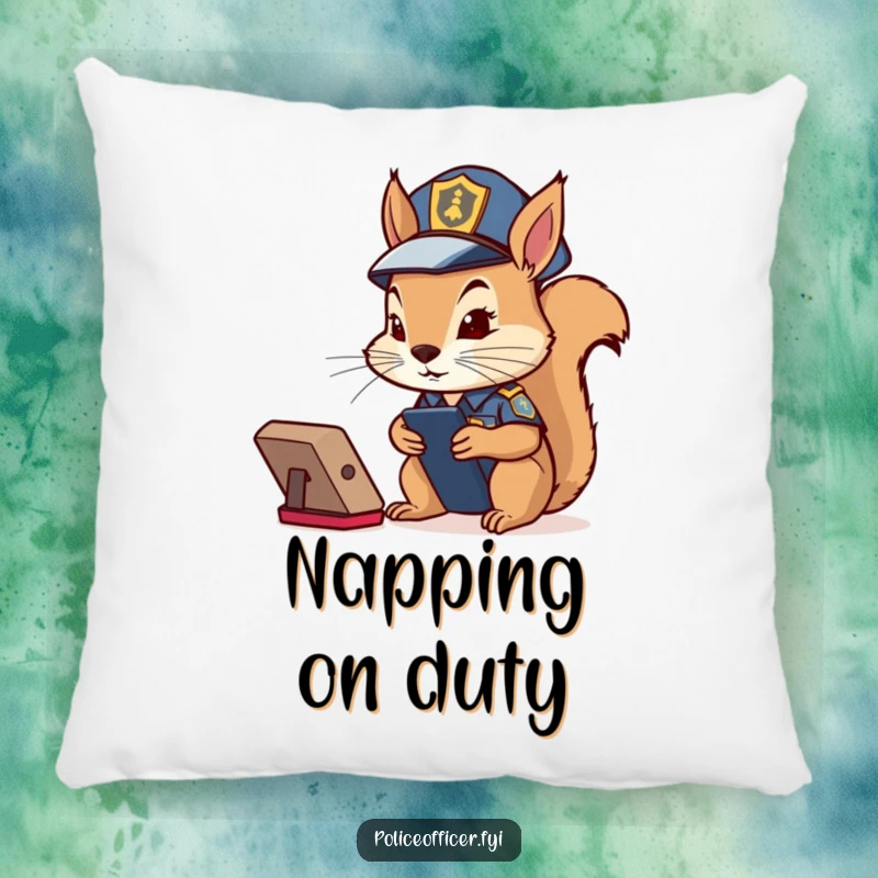 Funny Squirrel Cop Pillow: Determined squirrel in police costume intently watching a remote control, offering plush comfort.