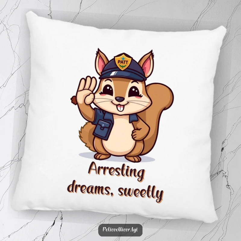 Funny Pillow: A charming squirrel police officer saluting with an acorn, offering humorous and comforting support.