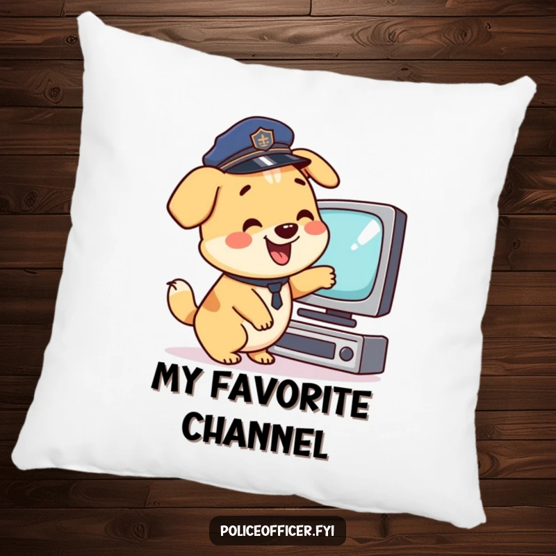 Funny Pillow: Happy dog in police hat pointing at TV, wagging tail, a soft funny gift.