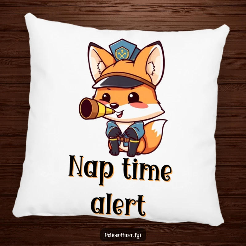 Funny fox police officer pillow: a soft cushion with a proud, smiling fox blowing a whistle.