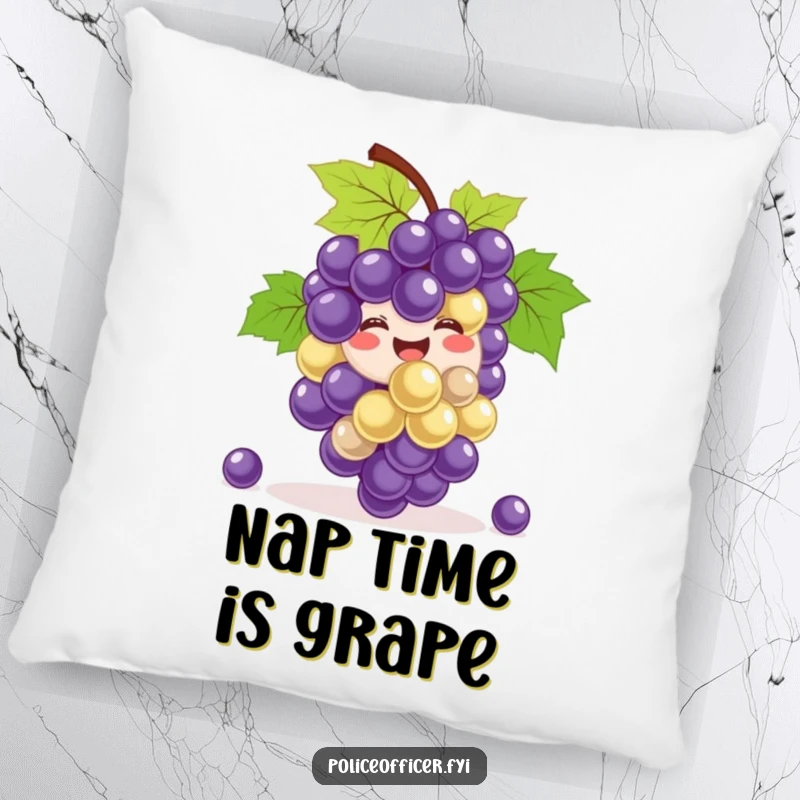 Funny Pillow: A smiling bunch of grapes happily bouncing, offering hilarious comfort and a cheerful, playful addition to any room.