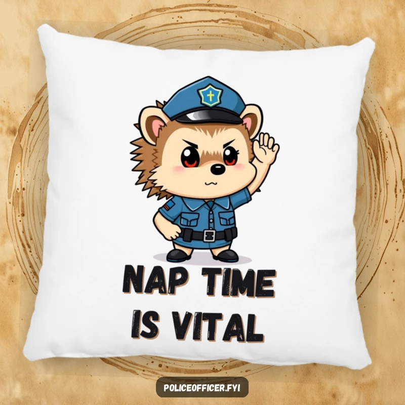 Funny hedgehog police officer pillow: a soft, plush cushion with a determined saluting cop critter.