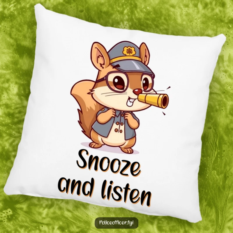 Funny pillow with a plush, energetic squirrel police officer mid-whistle blow, offering comfort and a touch of humor.