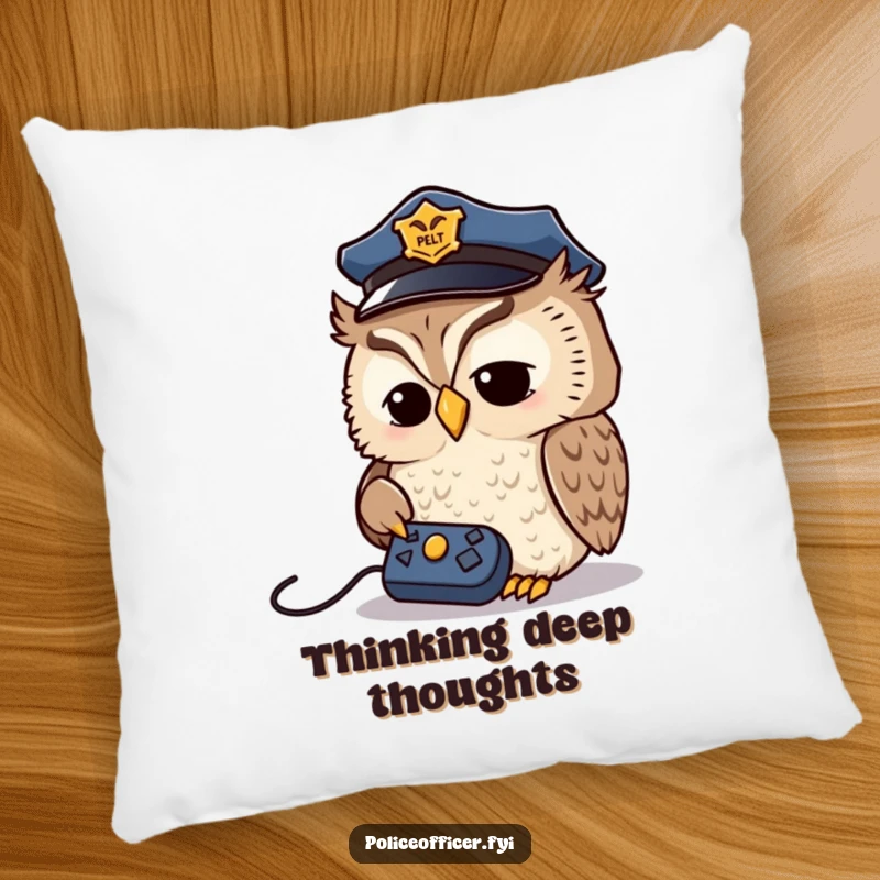 Funny Owl Detective Pillow: Wise owl wearing a police cap, looking at a remote control, a comfortable and humorous accent.