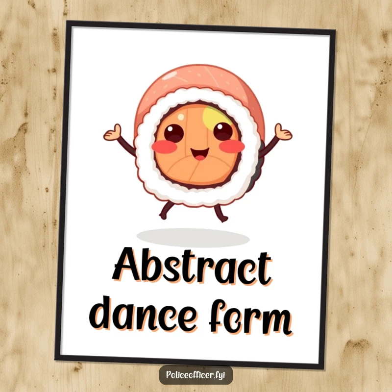 Funny sushi roll digital art print of a smiling sushi with legs merrily jigging, perfect for vibrant and humorous decoration.