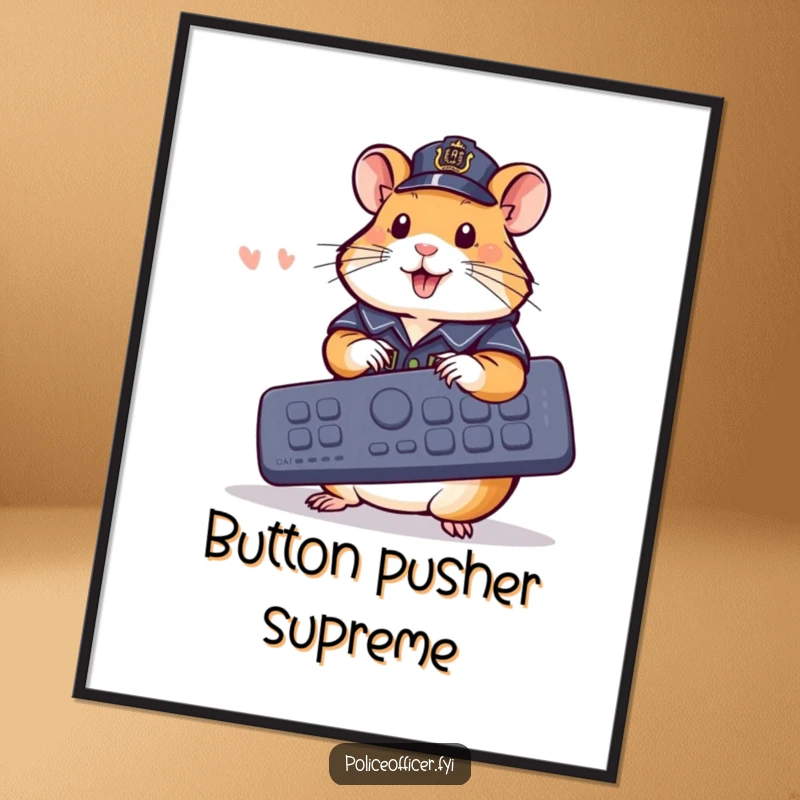 Funny Digital Art: Cheerful hamster in police outfit using a giant remote, downloadable funny gift.