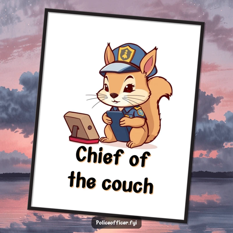 Funny Squirrel Cop Digital Art Print: Determined squirrel in police costume intently watching a remote control, conveying humor.