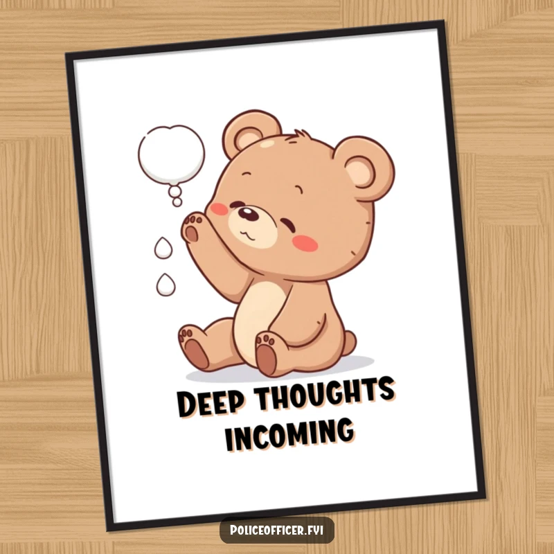 Funny bear cub digital art print of a cub reaching for a thought bubble, capturing innocence, curiosity, and whimsical charm.