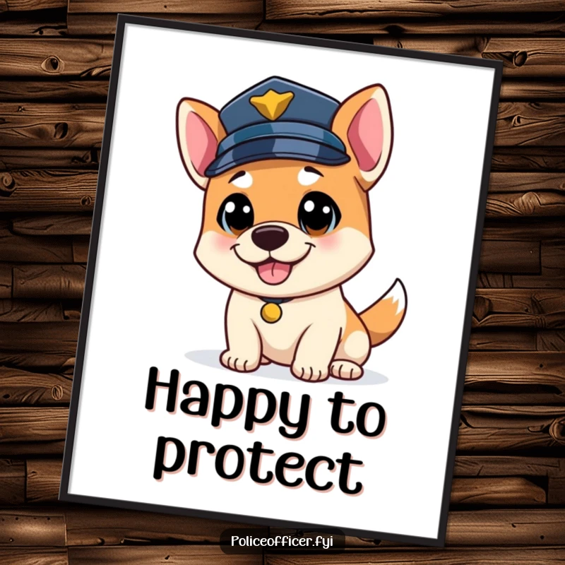 Funny bouncy dog police officer digital art print, tail wagging, wearing a police cap, joyful artwork.