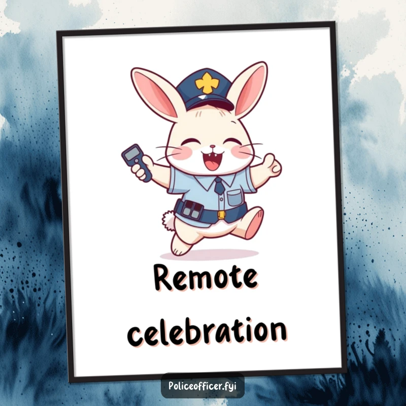 Funny Digital Art: Mischievous bunny in police uniform jumps with joy holding remote, downloadable funny gift.