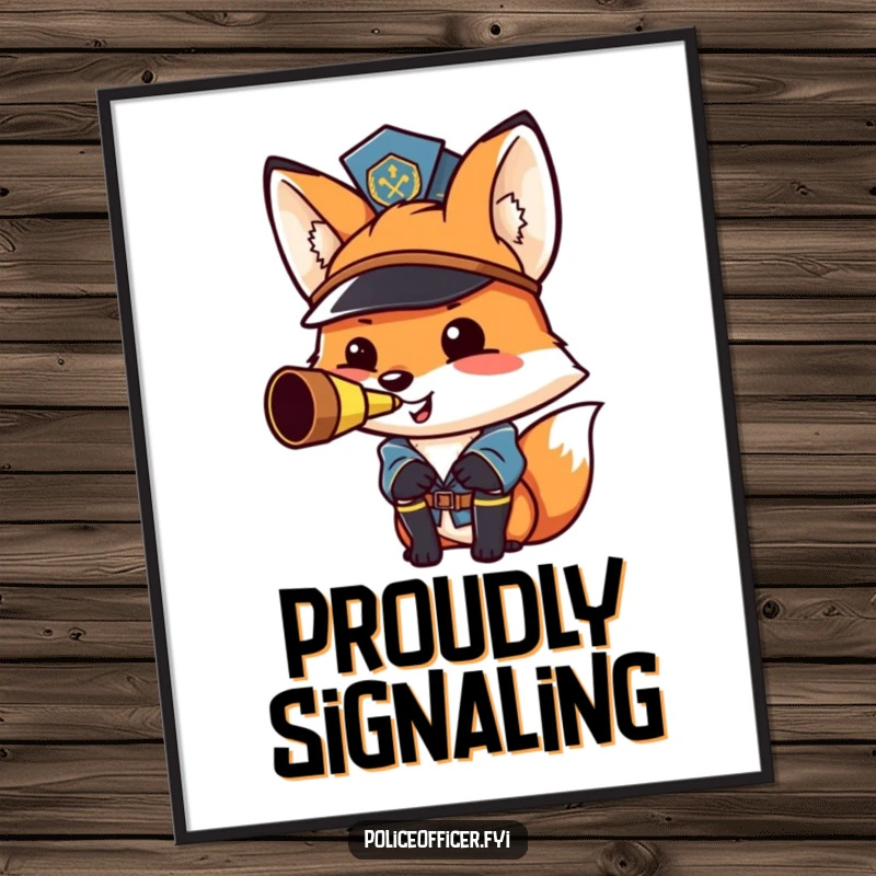 Funny fox police officer digital art print: a proud, smiling fox blowing a whistle, humorous decor.