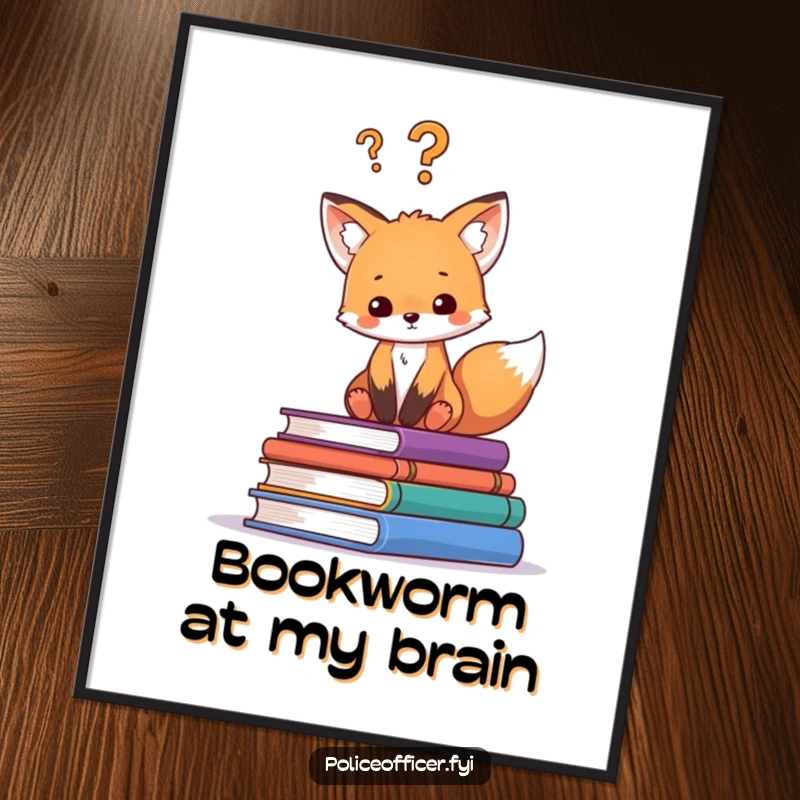 Funny digital art print of a curious fox cub sitting on books with a question mark, conveying intellectual humor and charm.