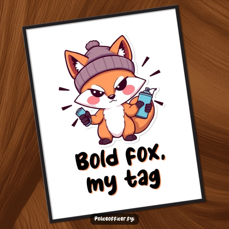 Funny Fox Digital Art Print showcasing a bold fox in a beanie with a sneer, holding a spray can, offering instant edgy urban wall decor.