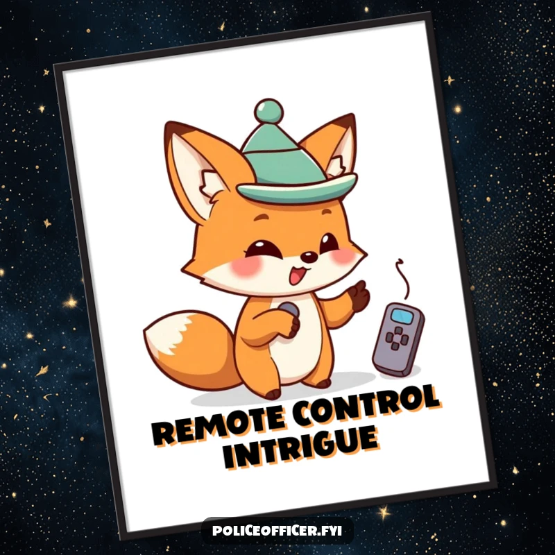 Mischievous fox in a tiny hat pointing at a remote, available as a downloadable funny digital art print.