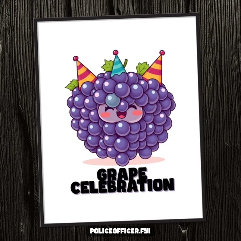 Funny grapes digital art print of a smiling bunch of grapes wearing tiny party hats, perfect for humorous wall decor.