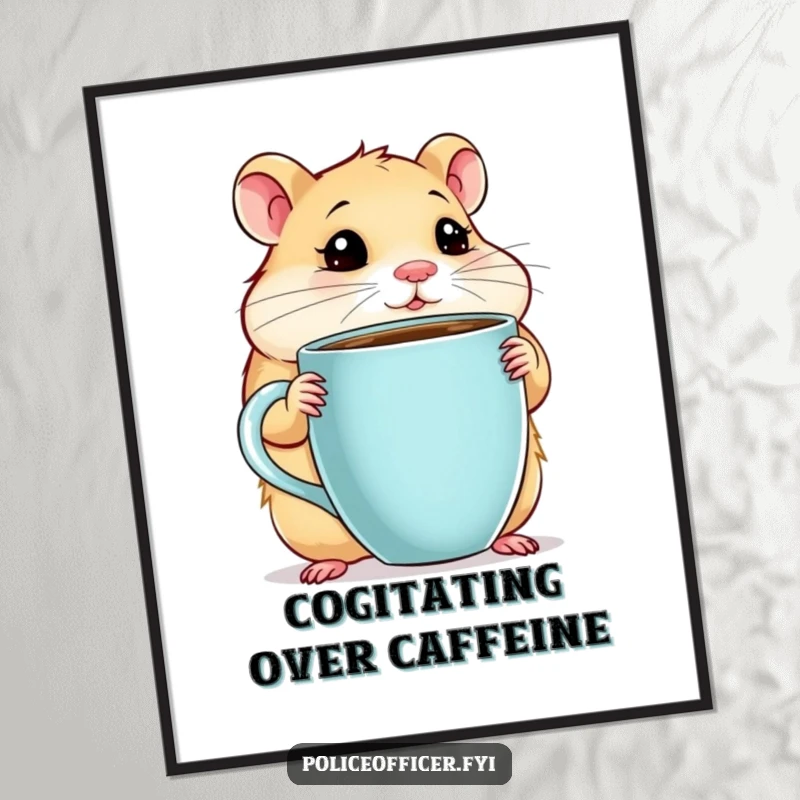 Funny Hamster Digital Art Print of a chubby hamster with a giant coffee cup, looking thoughtful, conveying humorous coffee appreciation, a downloadable funny gift.